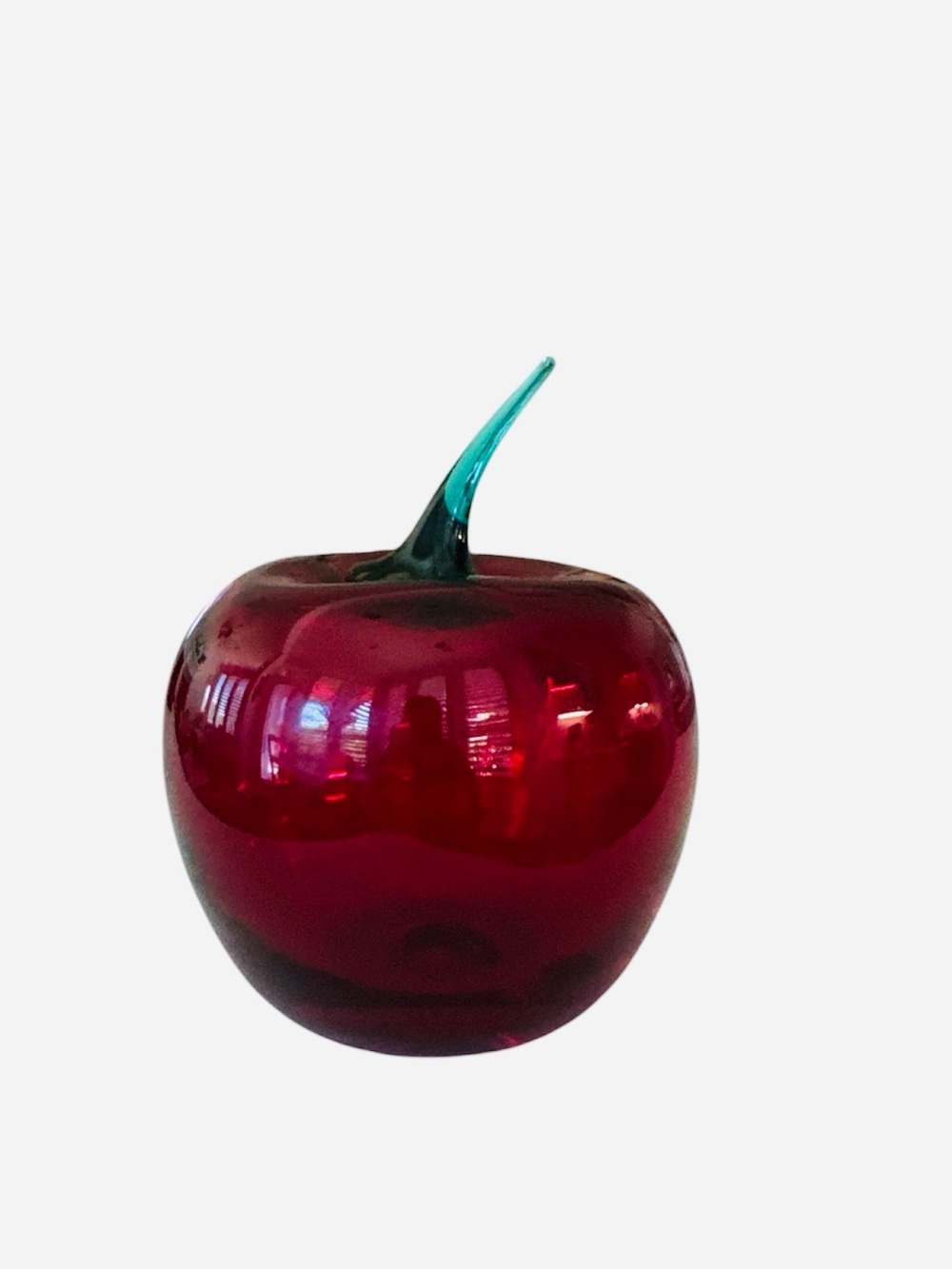 Blenko Ruby Red Apple Emerald Stem Hand Blown Glass Art Vintage Collectible